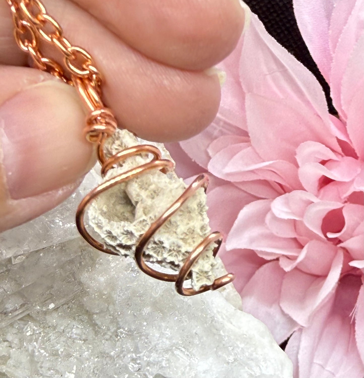 Fossilized Coral Shell Wire Wrapped in Copper with 20 inch Chain