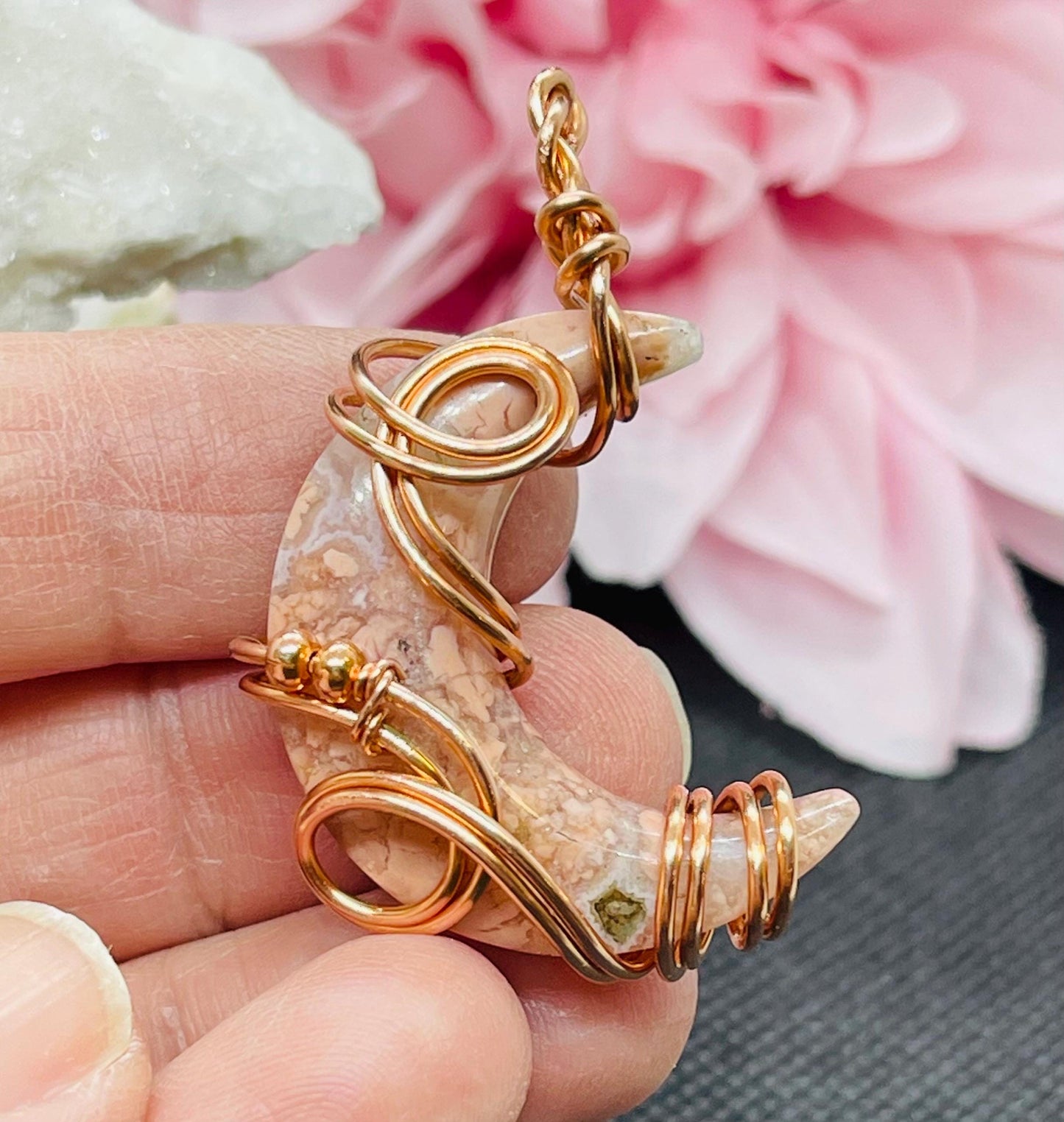 Cotton Candy Agate Crescent Moon Pendant in Copper Wire Wrapped Jewelry Necklace Gift Crystal Pink