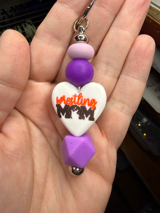 Wrestling Mom Keychain Purple & White Silicone Beads