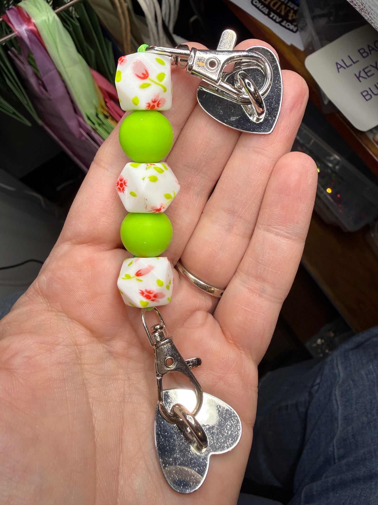 Cell Phone Grip Charm Green w Pink/Red Flowers Silicone Beads Heart Adhesive