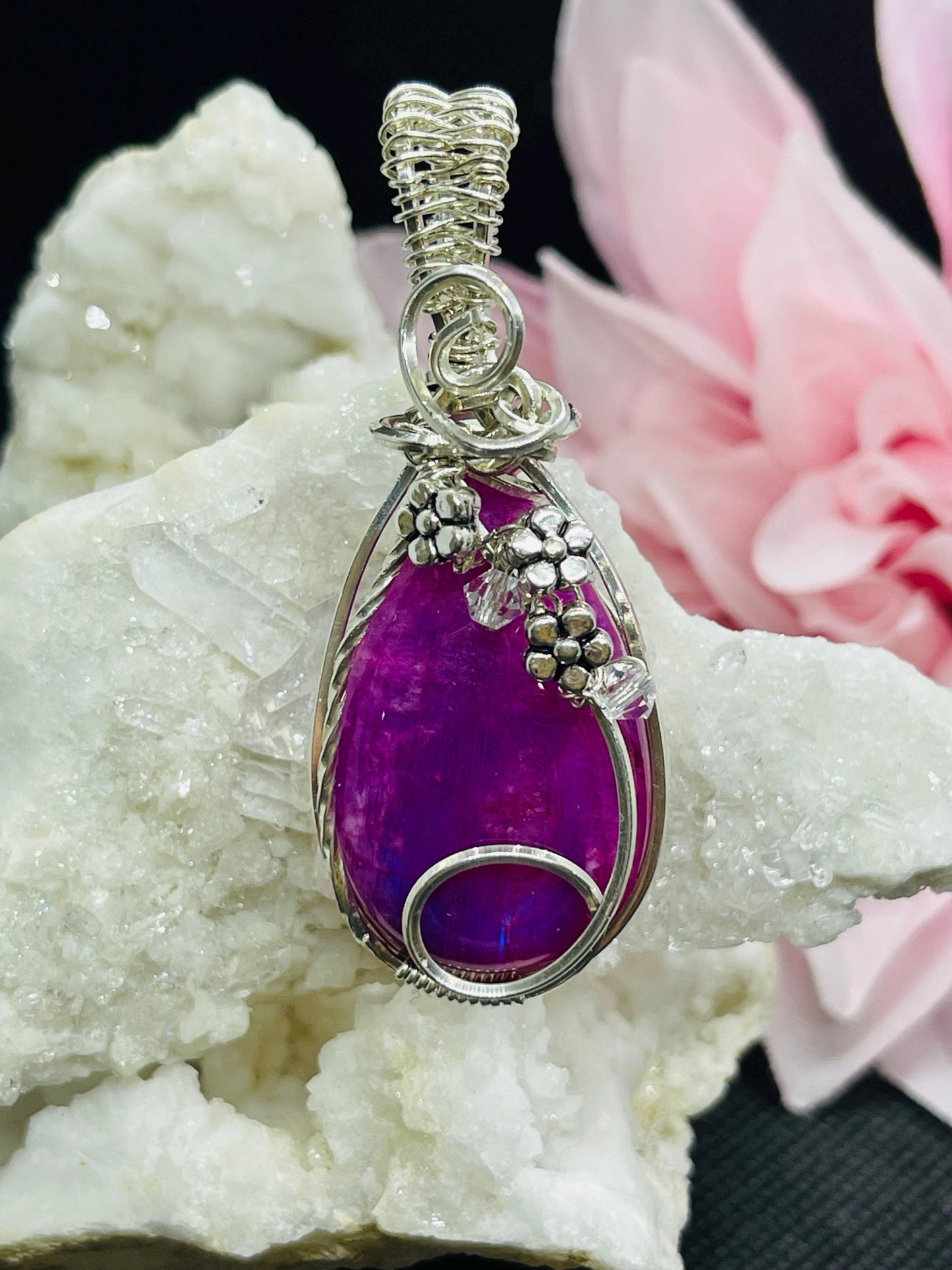 Pink Dyed Agate Teardrop Pendant with Flowers and Crystals in Sterling Silver Wire Wrapped Jewelry Necklace Gift