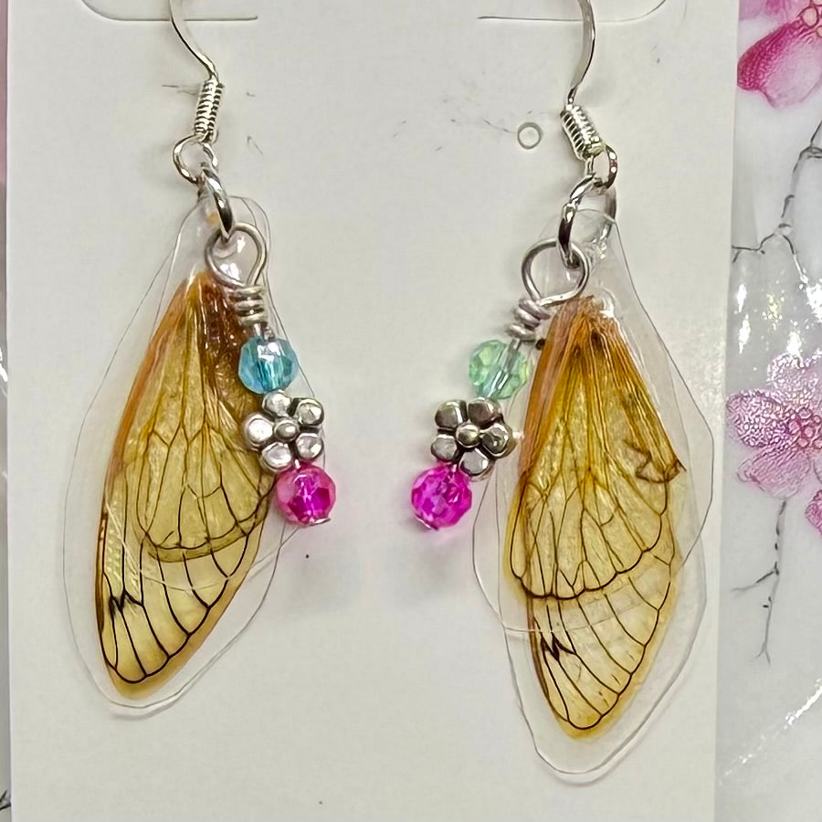 REAL Cicada Wing Earrings Pink Blue Flower