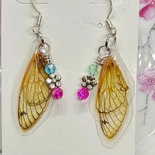 REAL Cicada Wing Earrings Pink Blue Flower