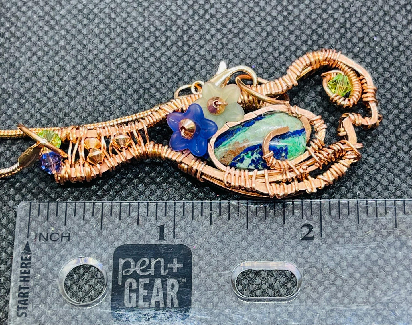 Chrysocolla & Azurite Bird Pendant with Swarovski Crystals Wire Wrapped in Copper Jewelry Necklace Gift