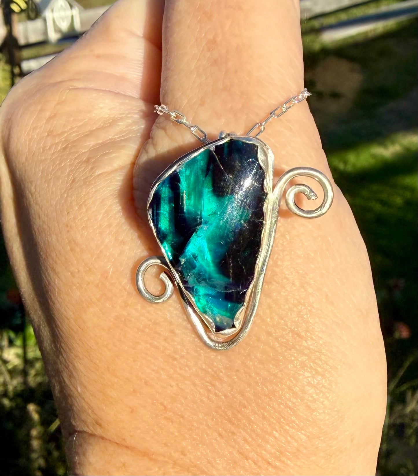 Feather Fluorite Doublet in Sterling Silver w 22” Sterling Chain Pendant Jewelry Necklace