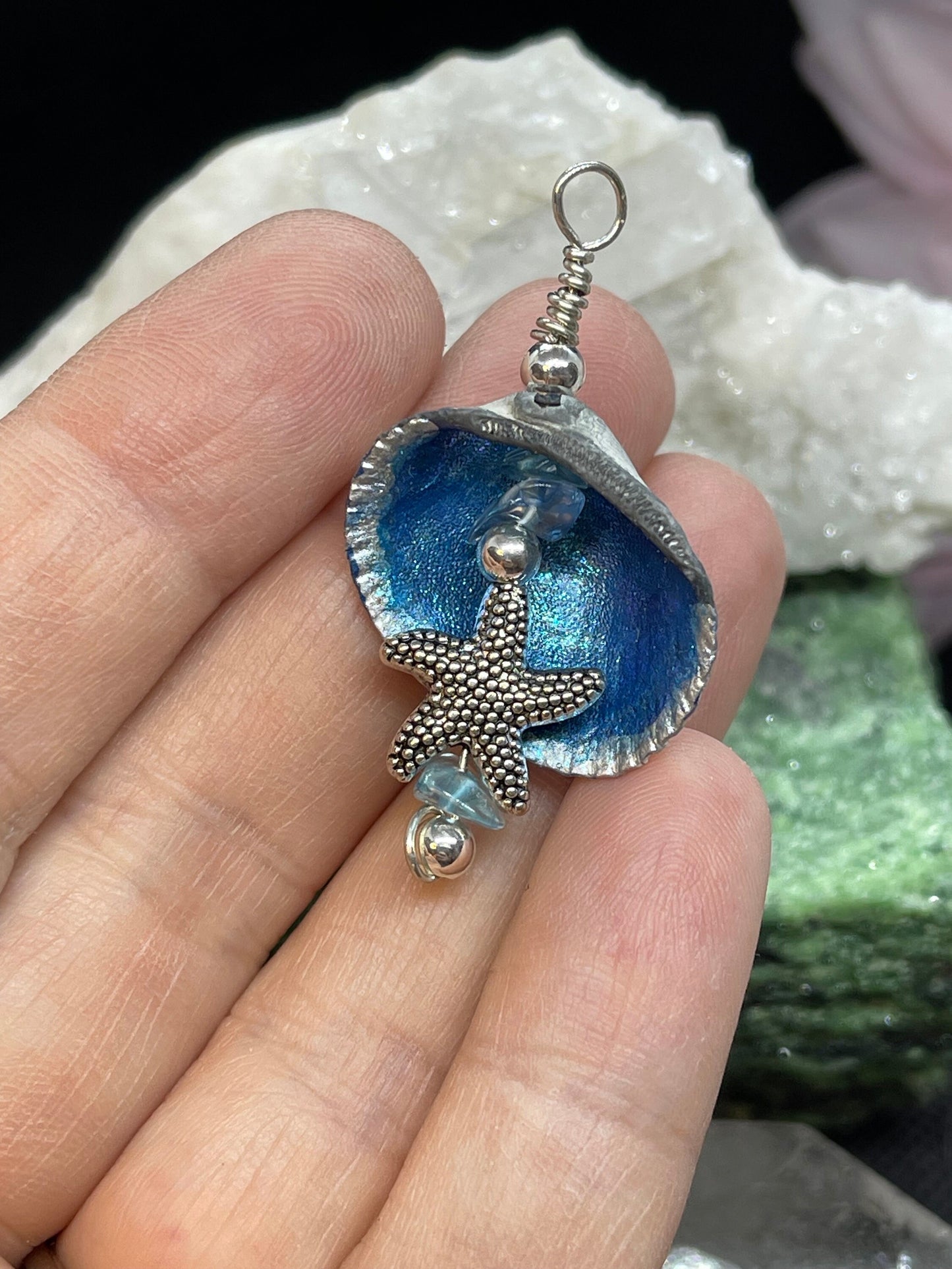 Handmade Shell Necklace w Dragonfly Glaze & Blue Paint on 18 inch chain Featuring Beach Glass and a Sea Star Charm