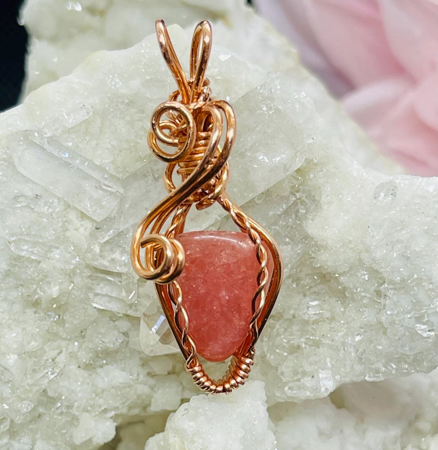 Mini Rhodochrosite Pendant in Copper Wire Wrapped Jewelry Necklace Gift Crystal Pink Gem