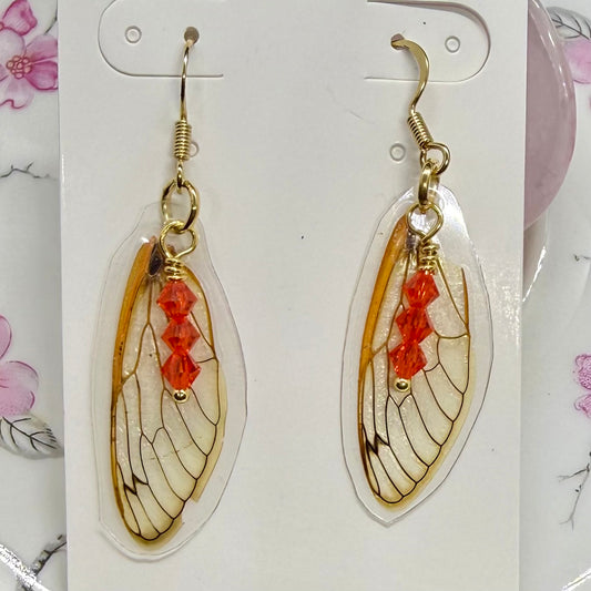 REAL Cicada Wing Earrings Orange Red