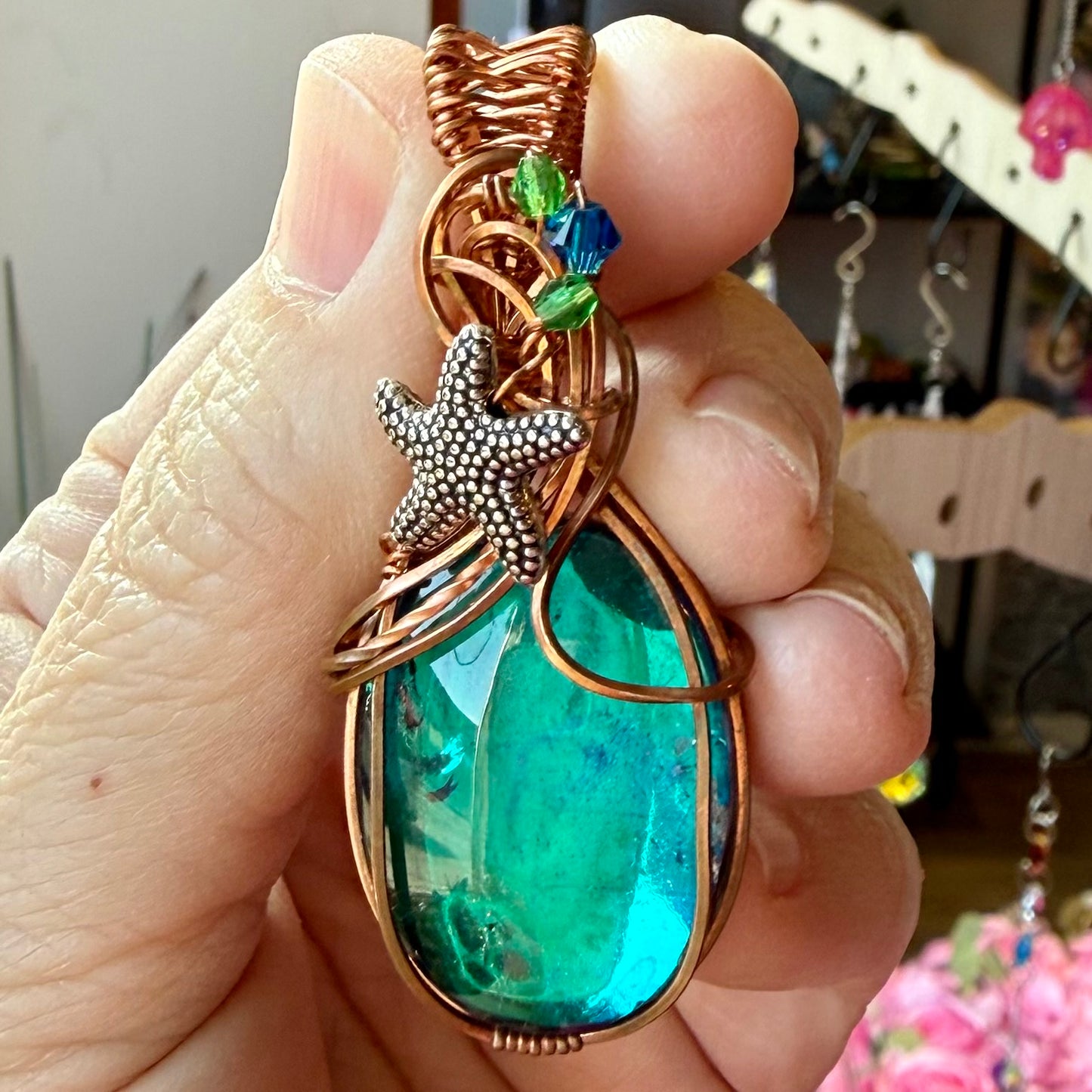 Rutilated Quartz Doublet with Sea Star Wire Wrapped in Copper Jewelry Necklace Pendant Ocean