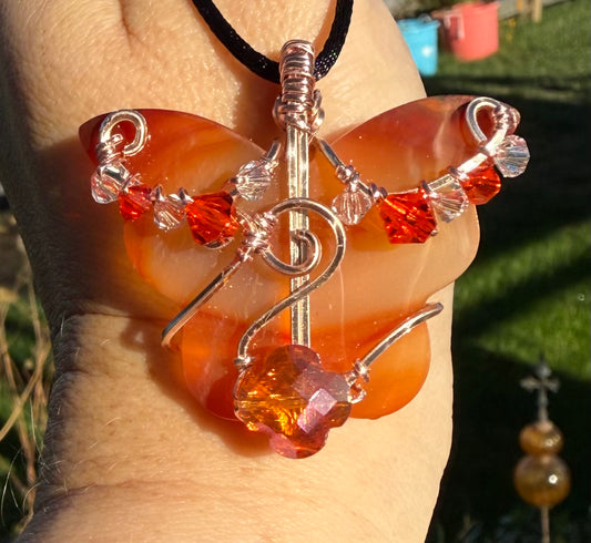 TS Inspired Carnelian Butterfly Wire Wrapped in Rose Gold Plated Wire with Glass Bead Accents Pendant Jewelry Necklace