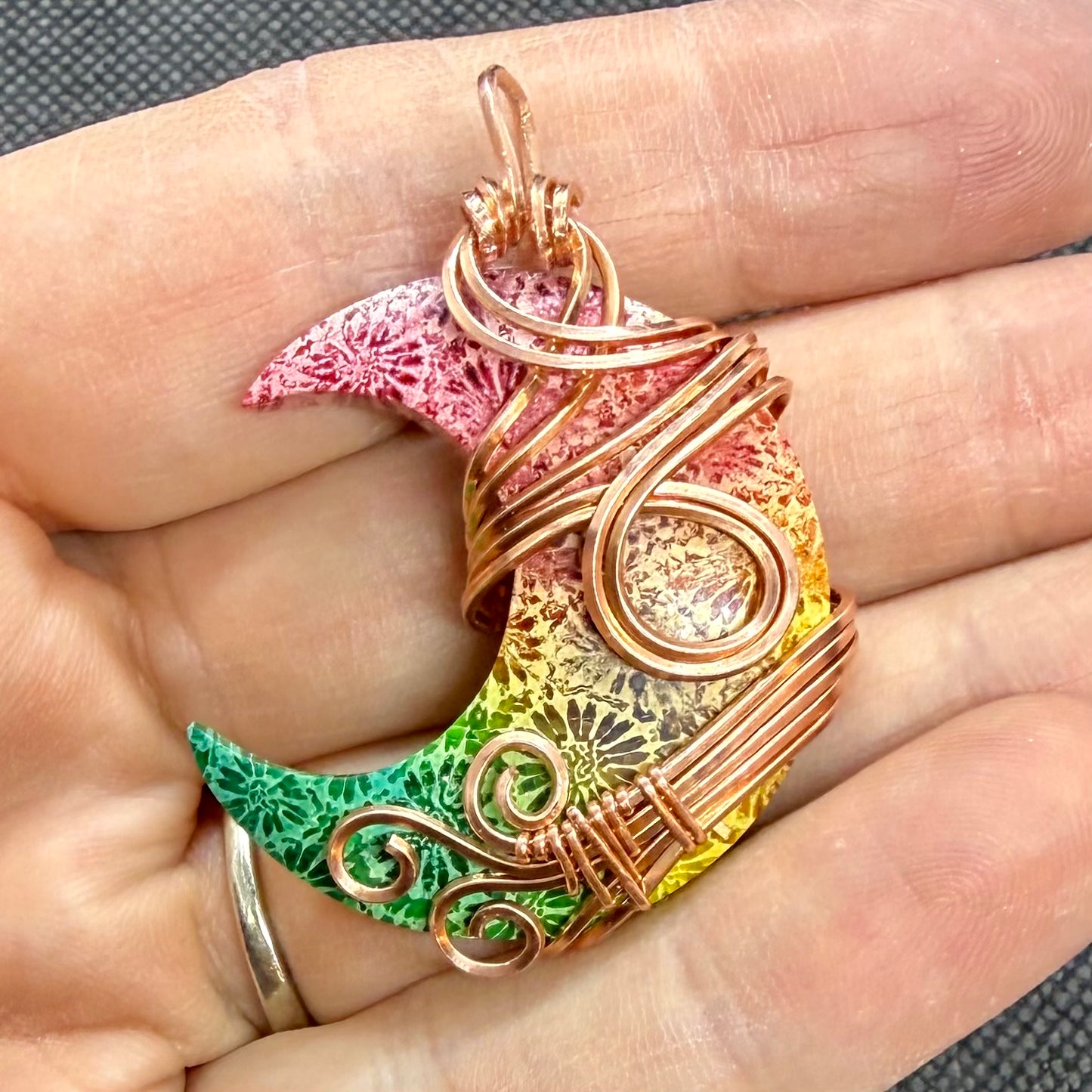 Dyed Palm Root Crescent Moon Wire Wrapped in Copper Jewelry Pendant Necklace
