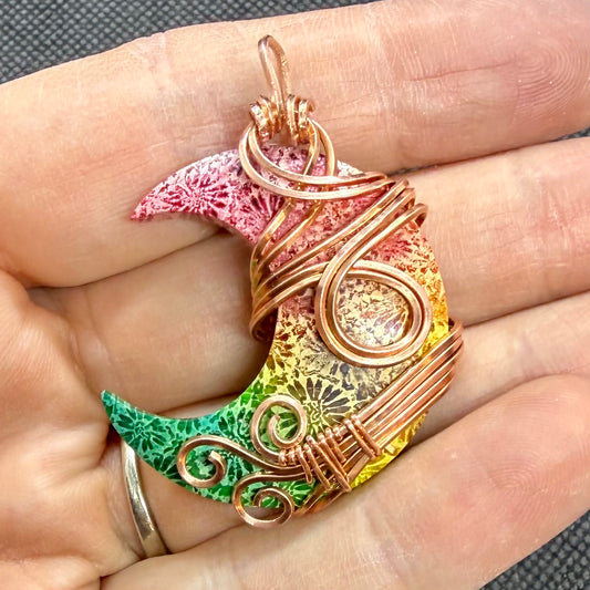Dyed Palm Root Crescent Moon Wire Wrapped in Copper Jewelry Pendant Necklace