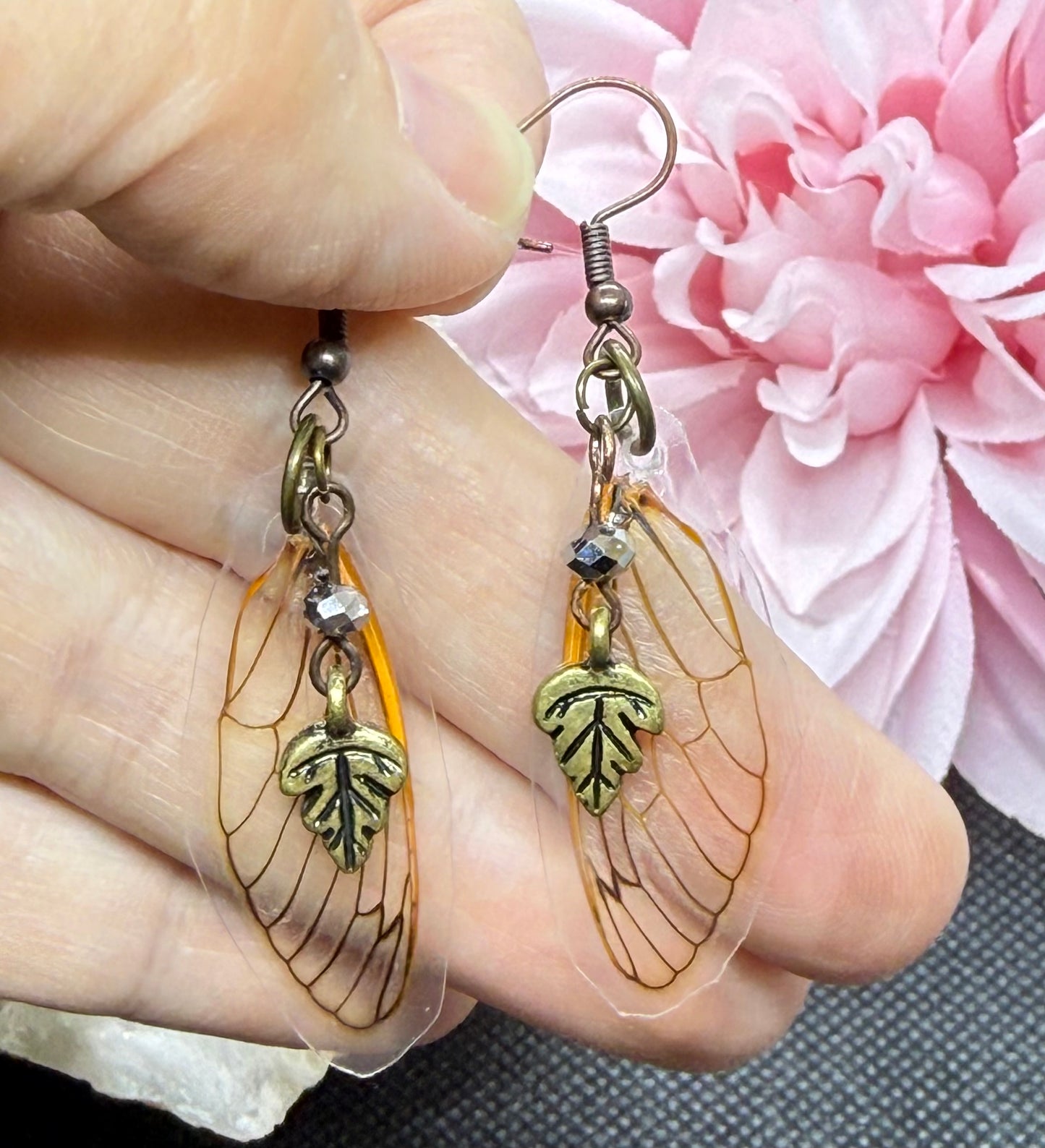 Fairy Wing Cicada Earrings w Bronze Leaf & Bead Jewelry Gift Limited