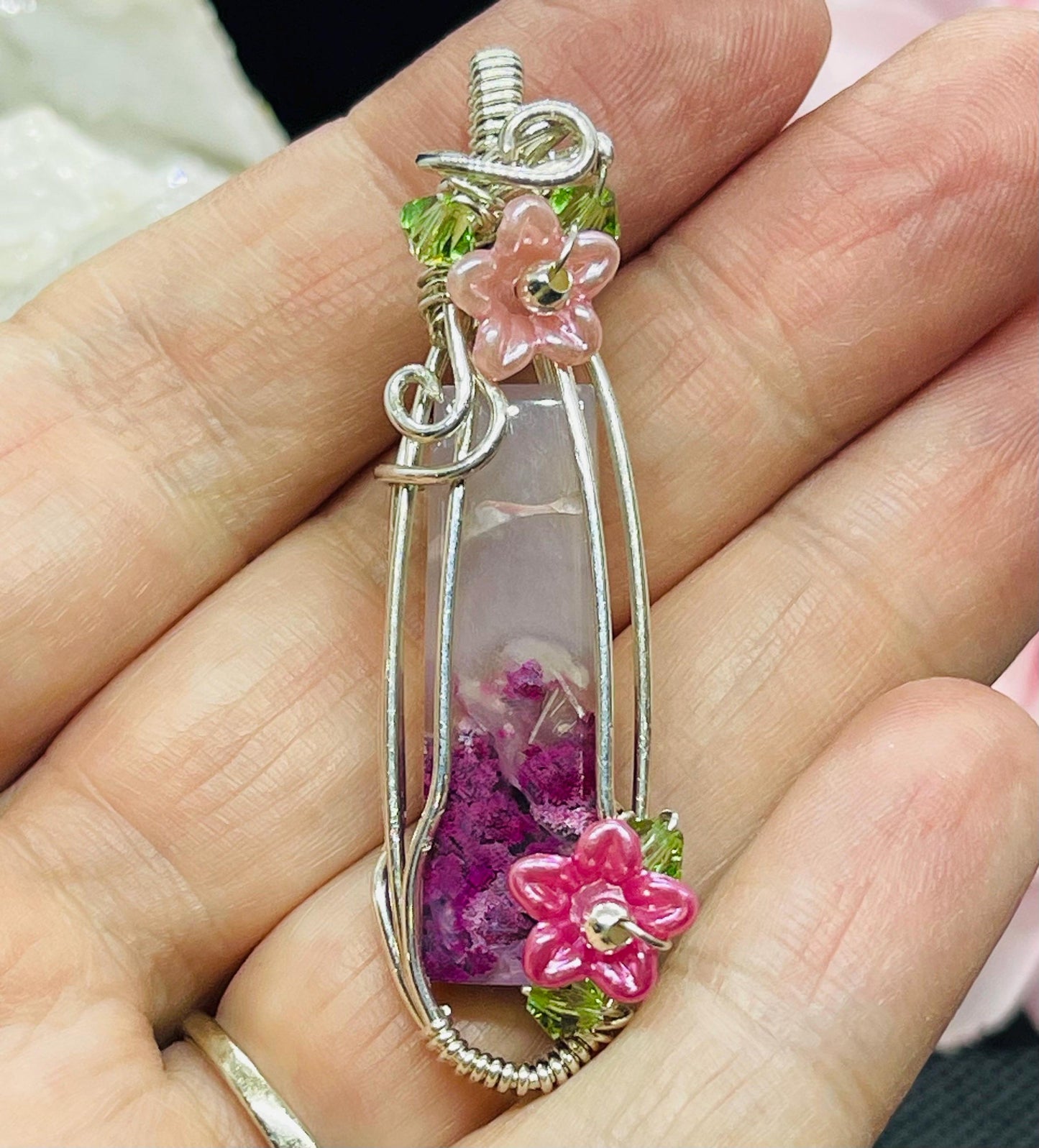 Pink Moss Agate Pendant with Flowers in Sterling Silver Wire Wrapped Jewelry Necklace Gift