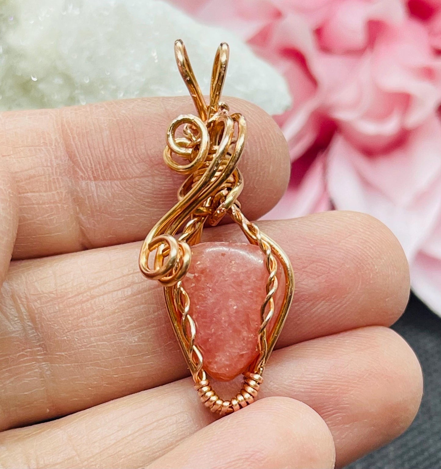 Mini Rhodochrosite Pendant in Copper Wire Wrapped Jewelry Necklace Gift Crystal Pink Gem