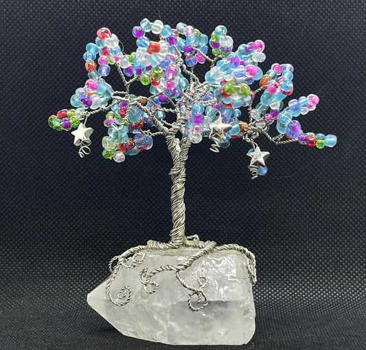Handmade Wire Tree with Stars on Quartz Crystal