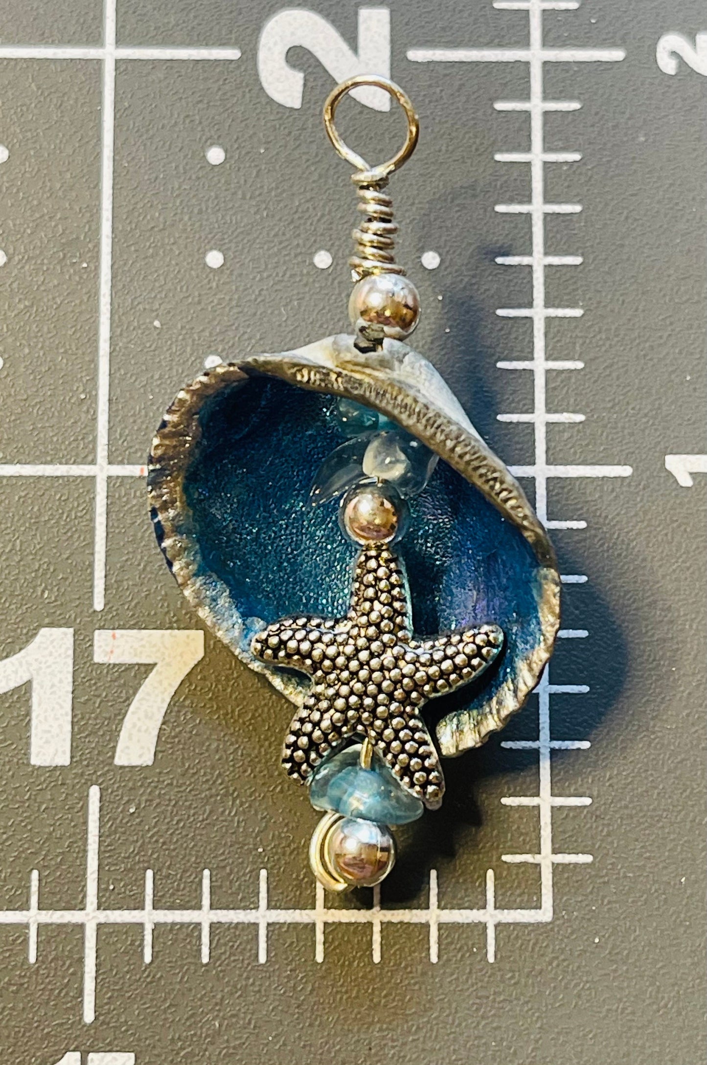 Handmade Shell Necklace w Dragonfly Glaze & Blue Paint on 18 inch chain Featuring Beach Glass and a Sea Star Charm