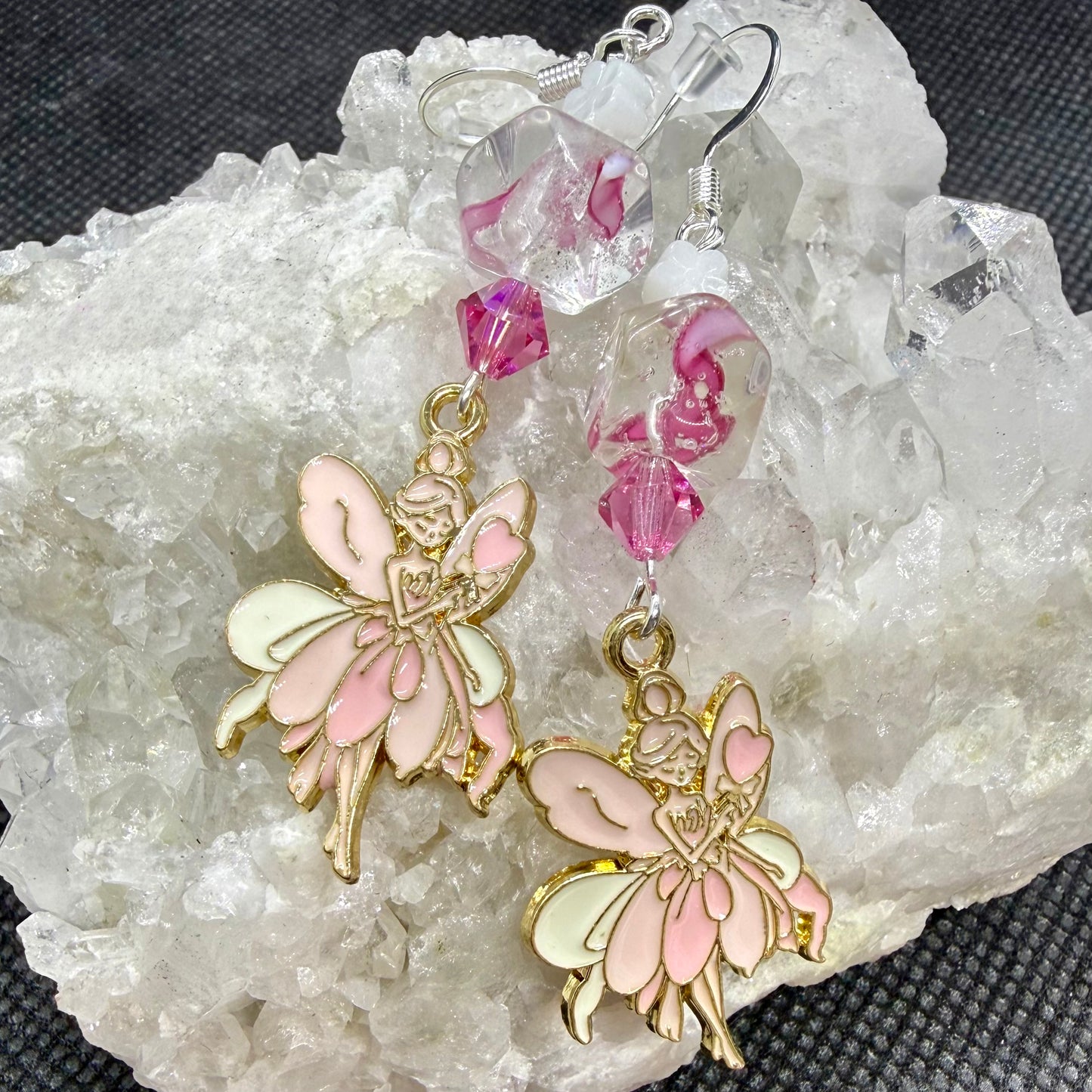 Pink Fairy Earrings w Goldtone Ear Wires