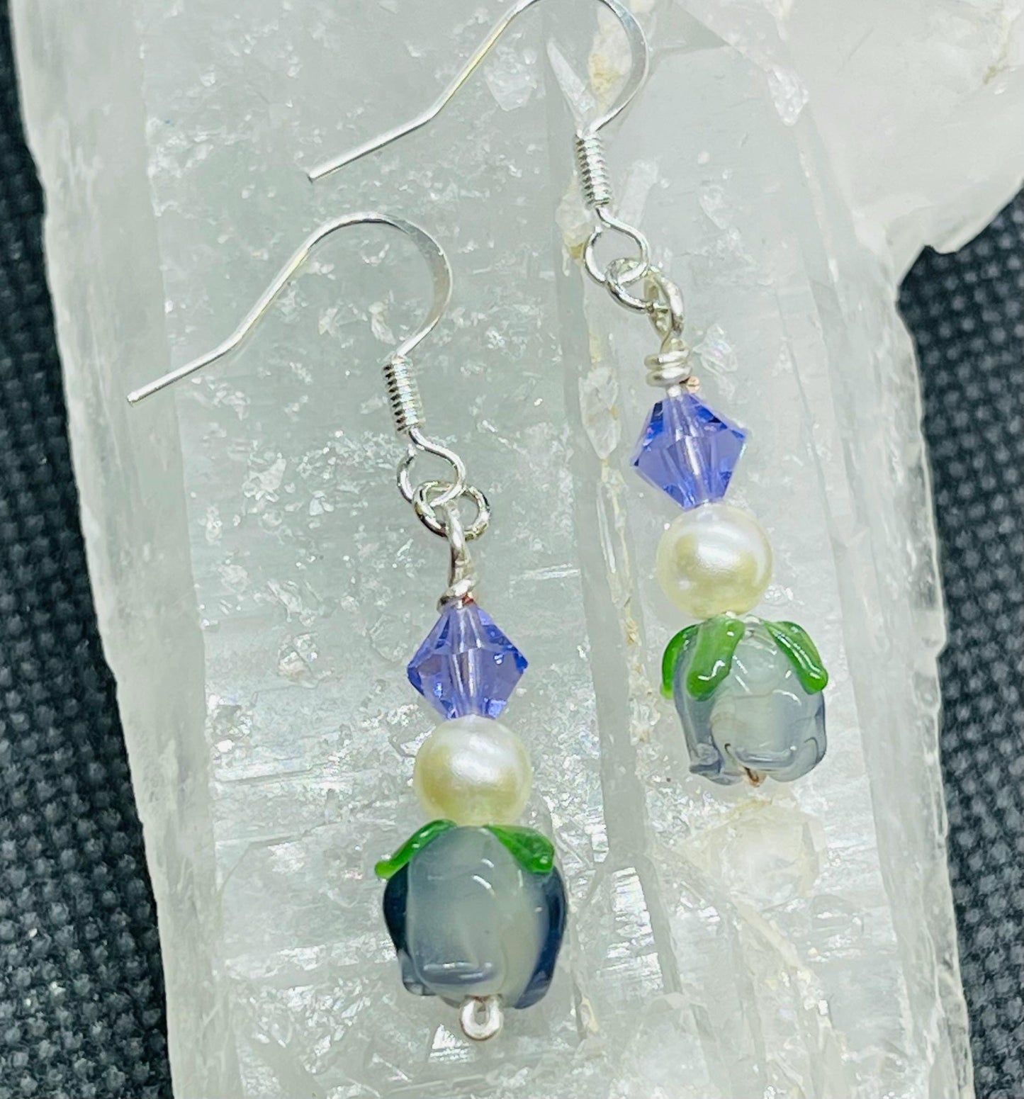 Tulip & Pearl Earrings with Purple Crystals in Silver Tone Jewelry Gift