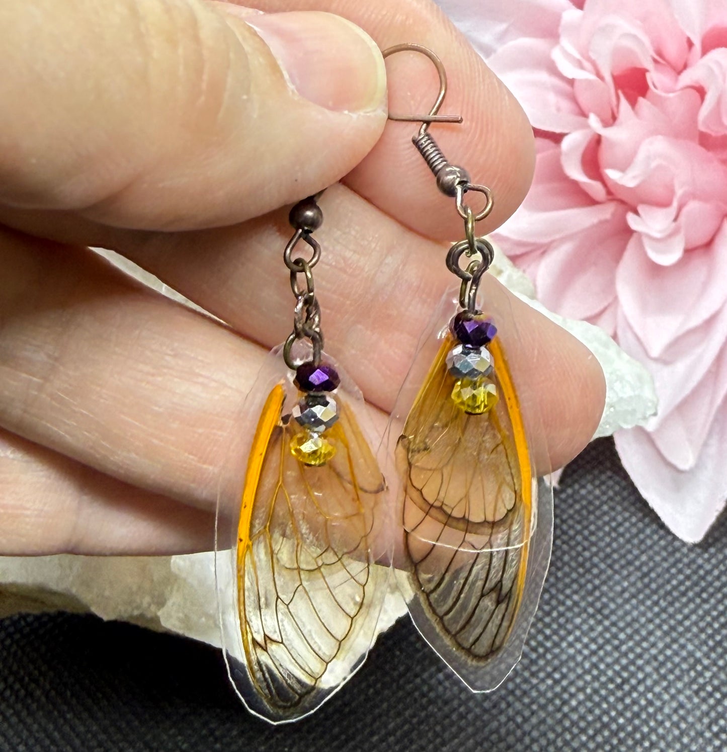 Fairy Wing Cicada Earrings w Yellow Purple Silver Beads Jewelry Gift Limited