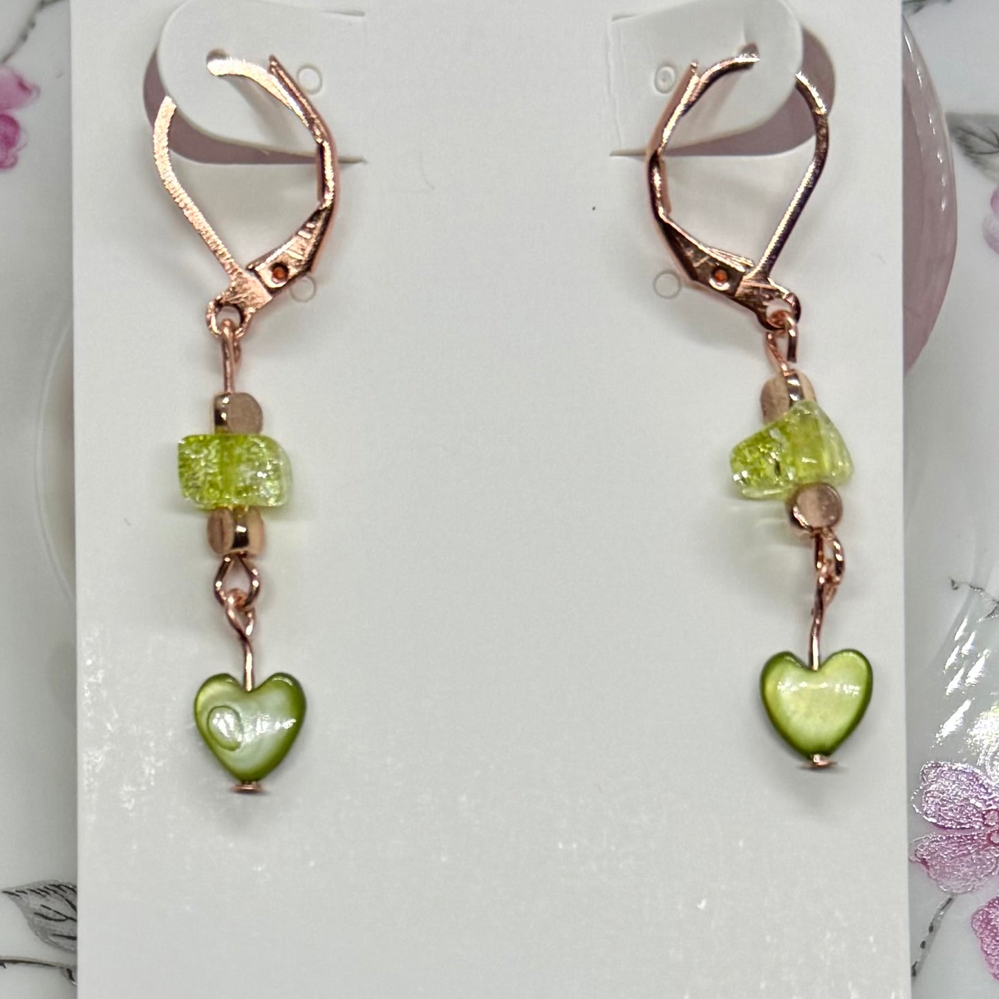 Green Hearts in Copper Earrings