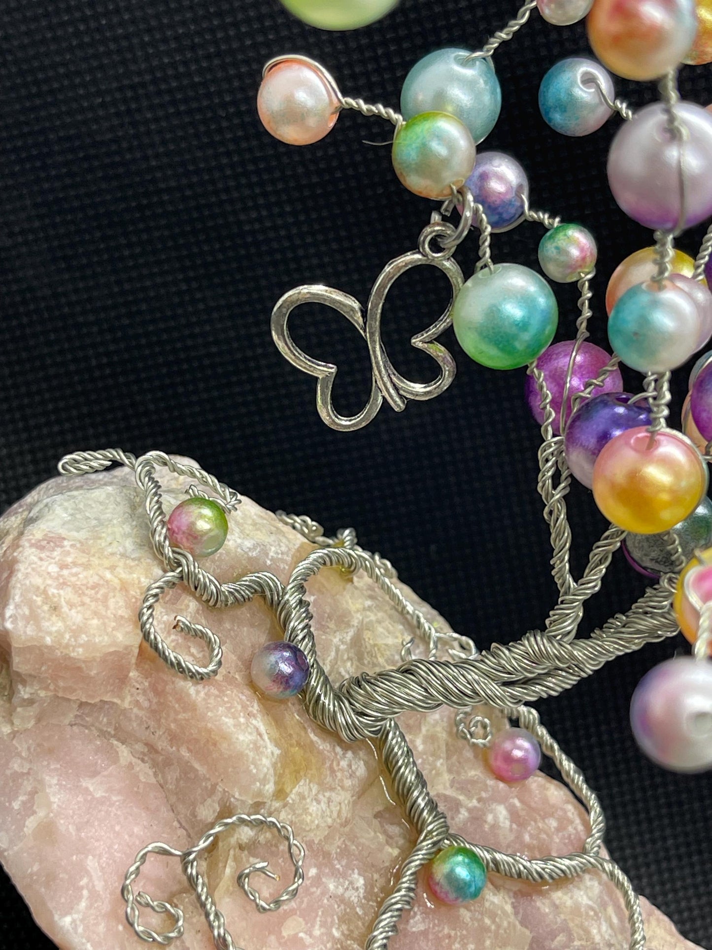 Handmade Wire Tree with Butterfly on Rose Quartz Crystal Whimiscal Gift Pink