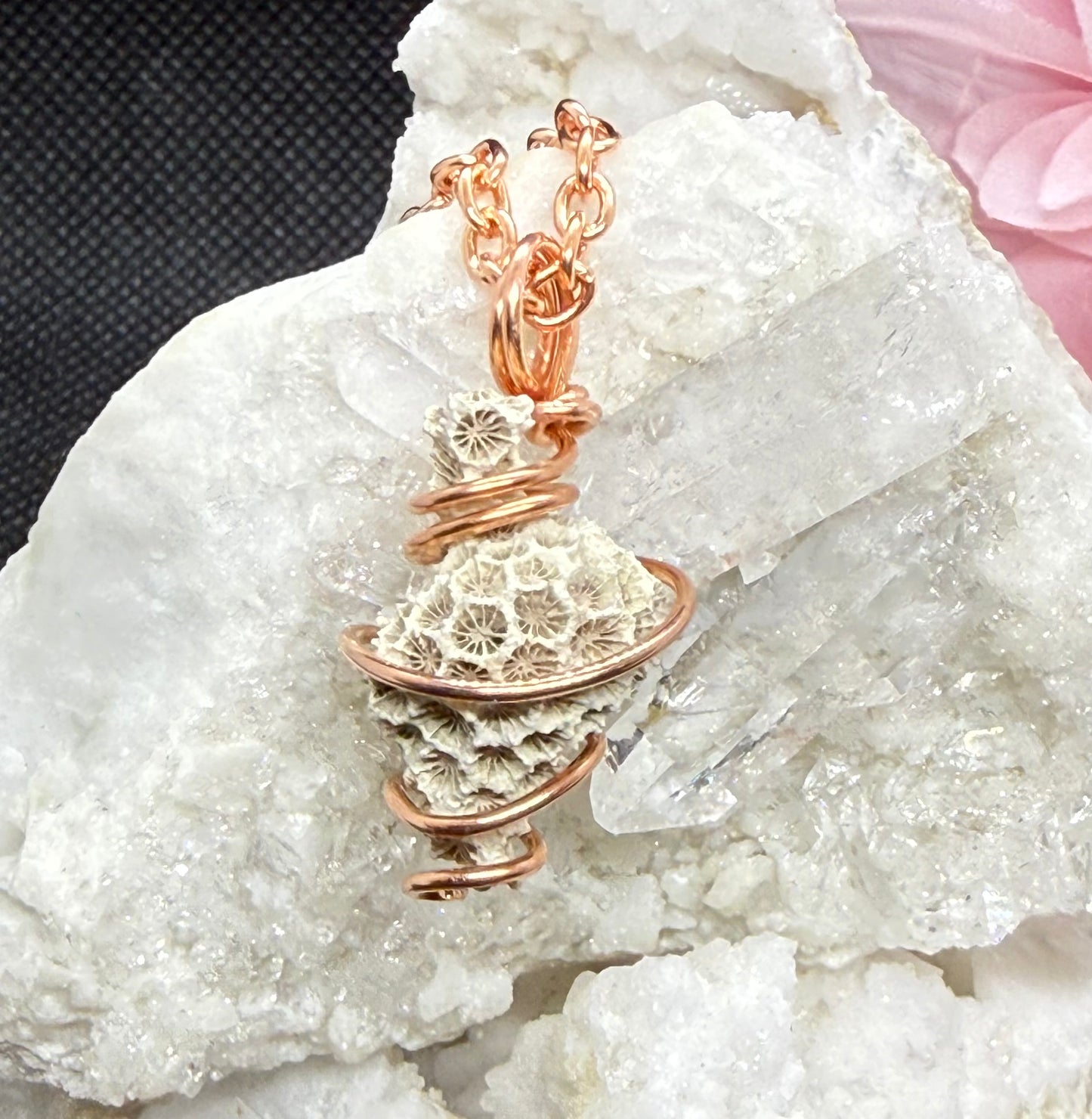 Fossilized Coral Shell Wire Wrapped in Copper with 20 inch Chain