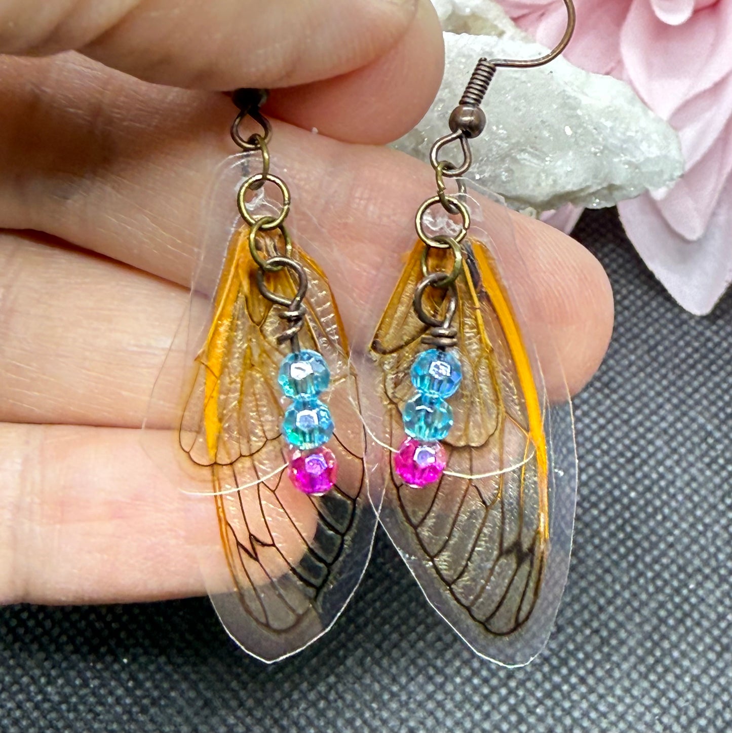 Fairy Wing Cicada Earrings w Pink & Blue Beads Jewelry Gift Limited