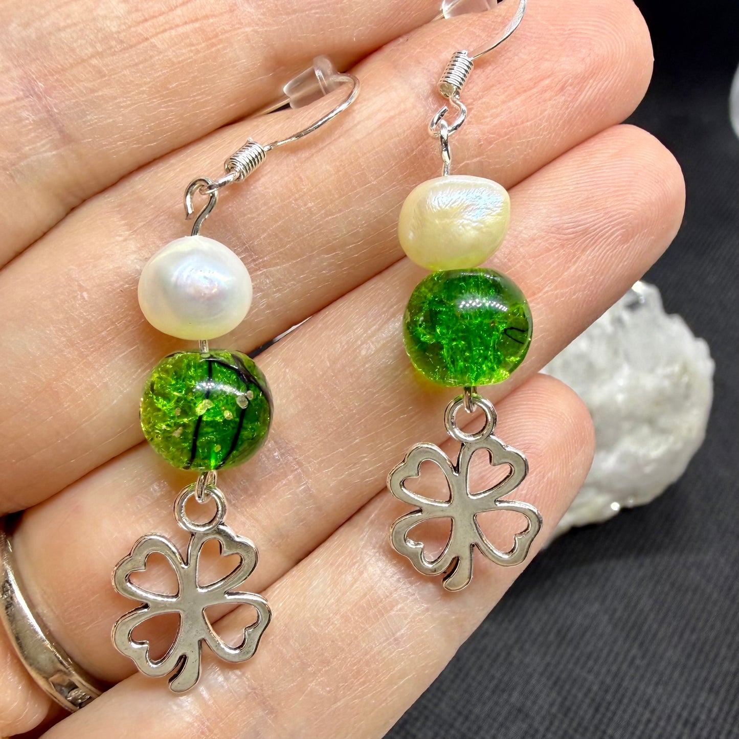 Shamrock Clover Earrings w Silvertone Ear Wires