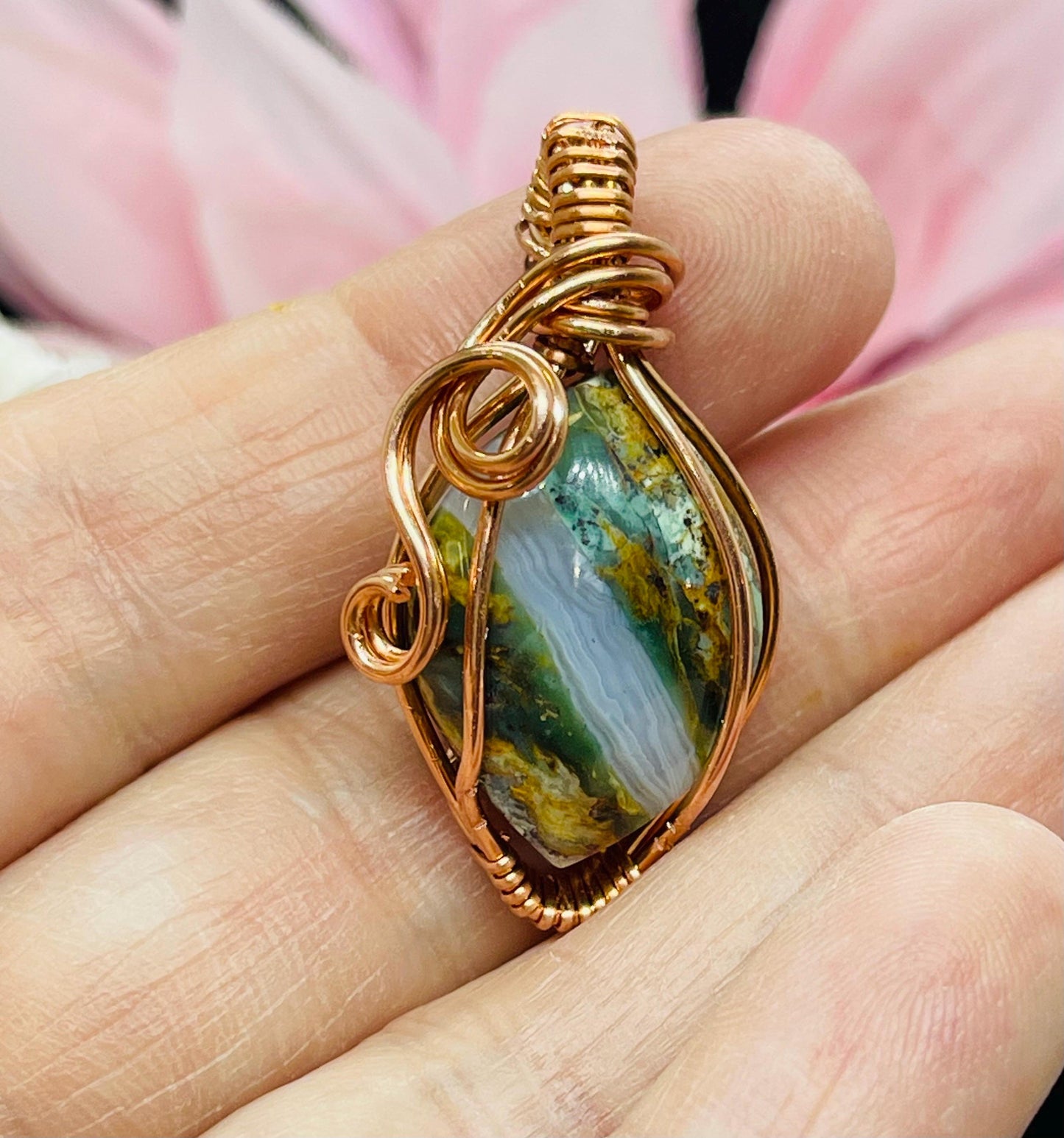 Clear Creek Plasma Agate Crystal Pendant Wire Wrapped in Copper Jewelry Necklace Gift