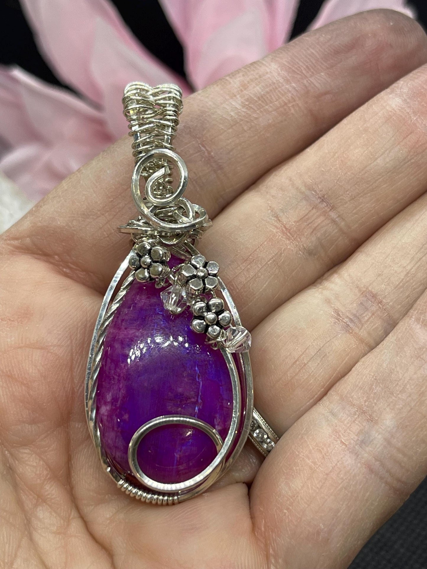 Pink Dyed Agate Teardrop Pendant with Flowers and Crystals in Sterling Silver Wire Wrapped Jewelry Necklace Gift