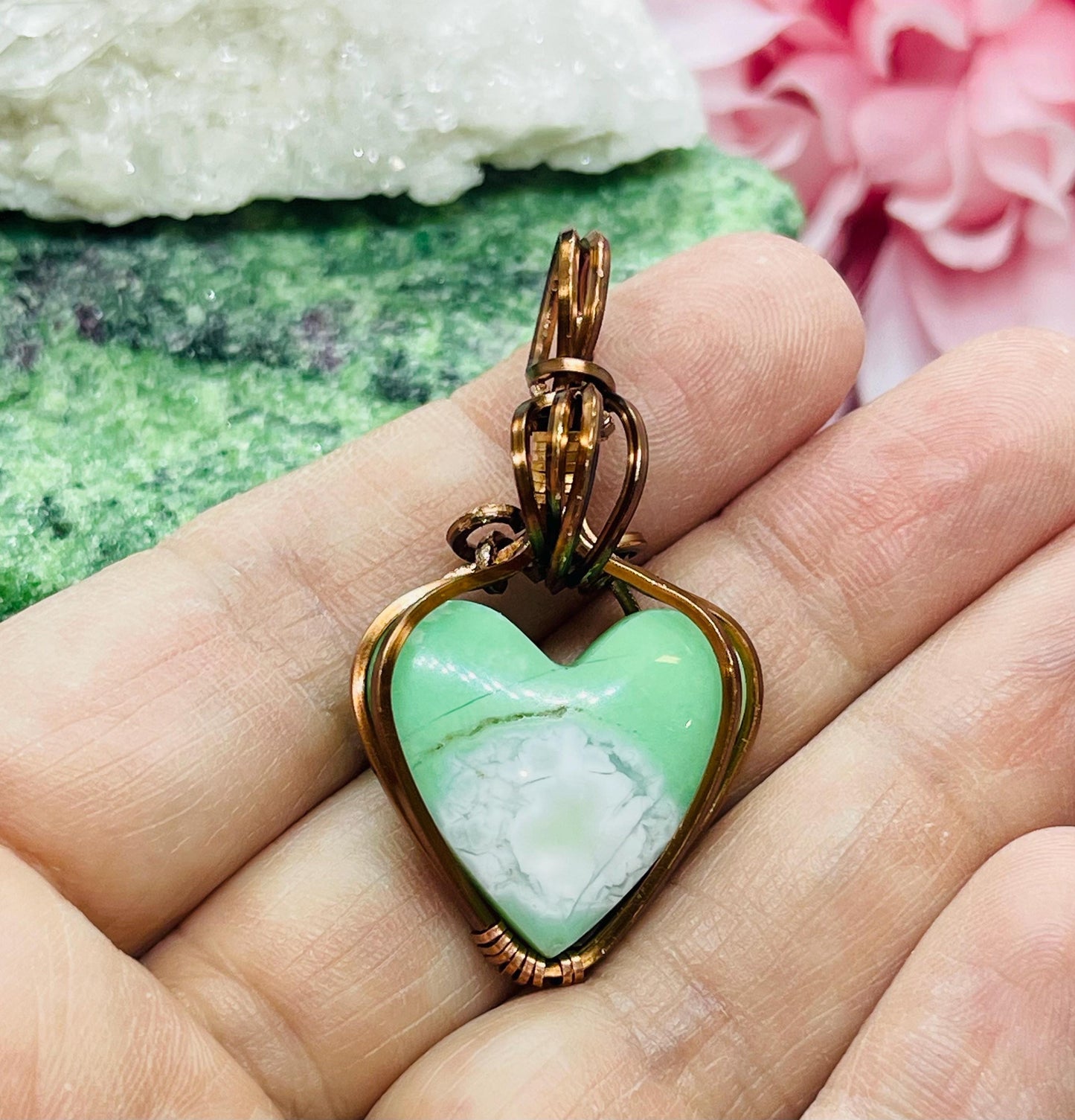 Wire Wrapped Chyrsoprase Heart Crystal in Copper Jewelry Necklace Gift