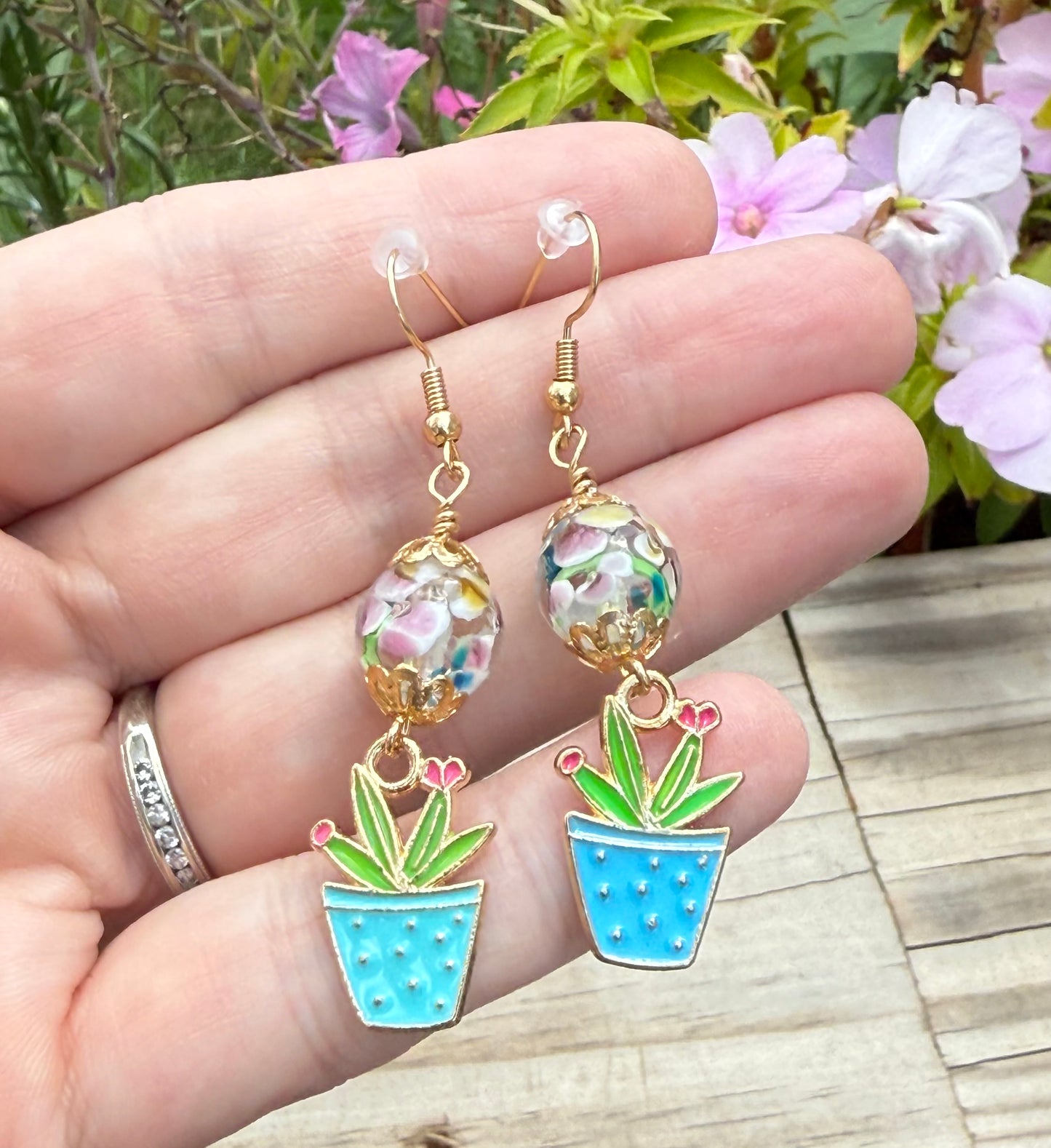 Playful Plant Earrings in Gold with Floral Accent Bead