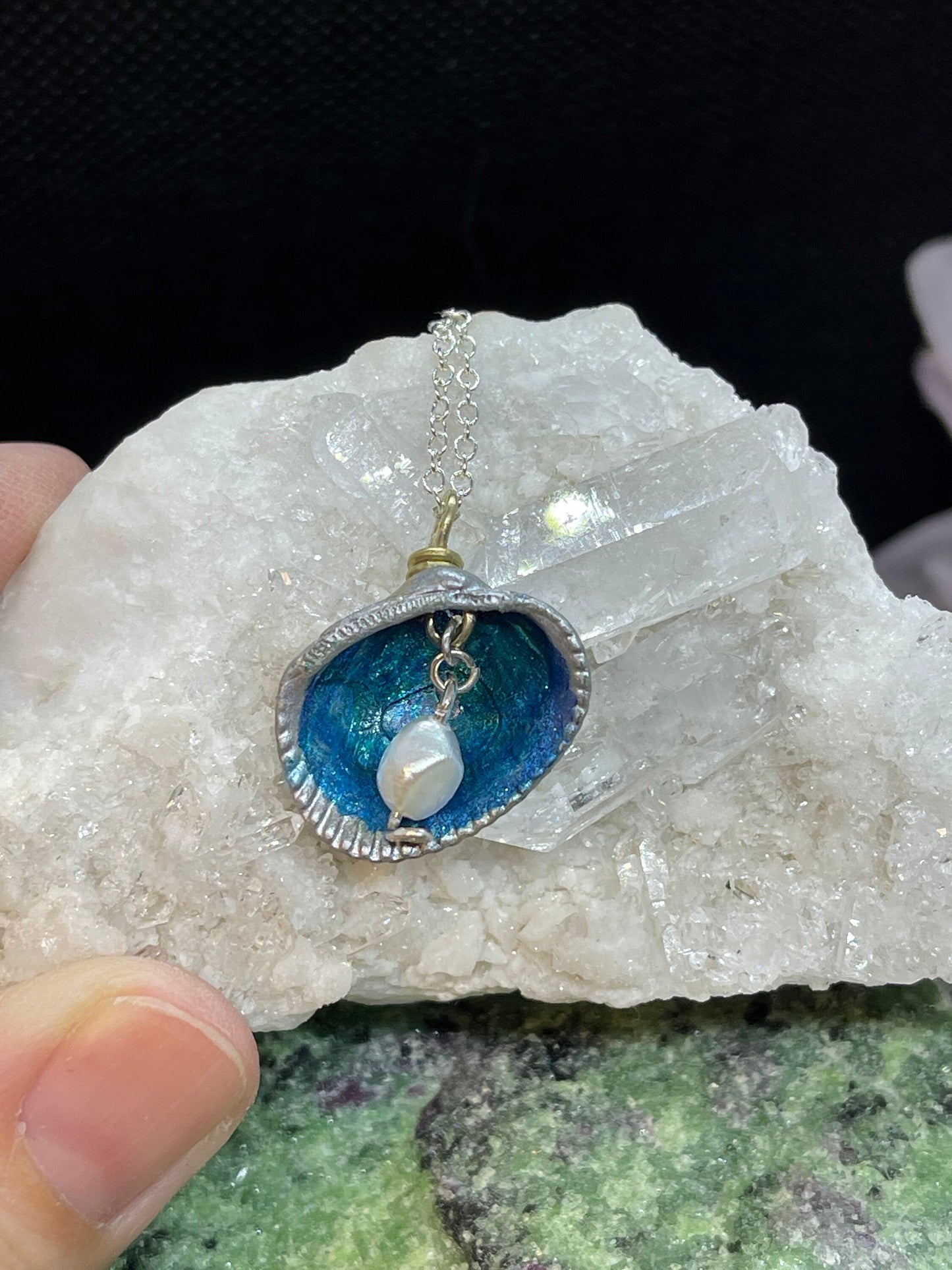 Handmade Shell Necklace w Dragonfly Glaze & Blue Paint on 18 inch chain Featuring a Freshwater Pearl