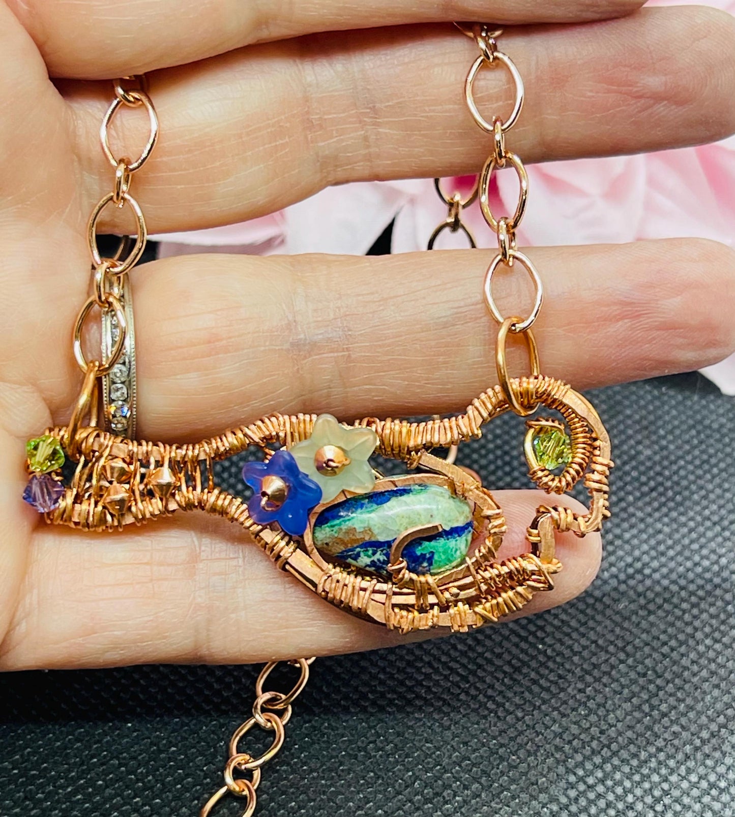 Chrysocolla & Azurite Bird Pendant with Swarovski Crystals Wire Wrapped in Copper Jewelry Necklace Gift