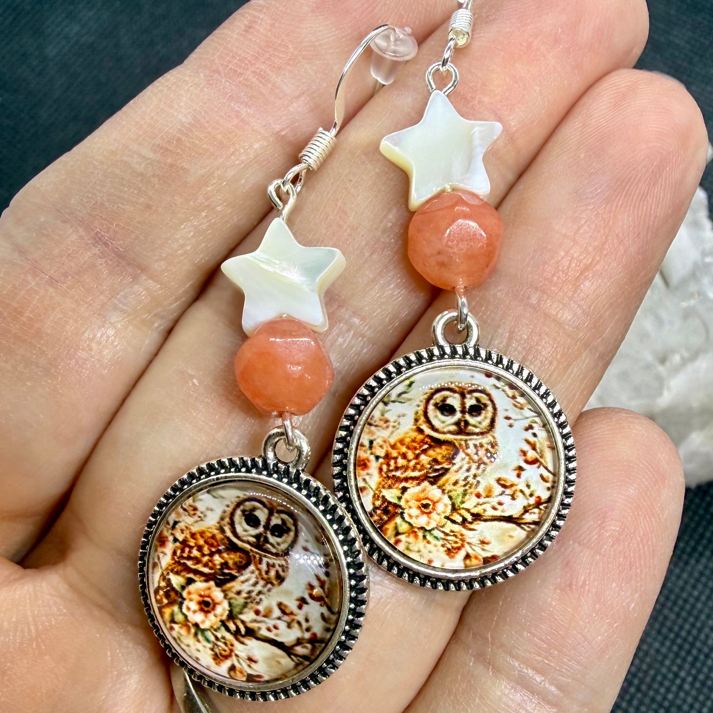 Owl Earrings w Mother of Pearl Stars Silvertone Ear Wires