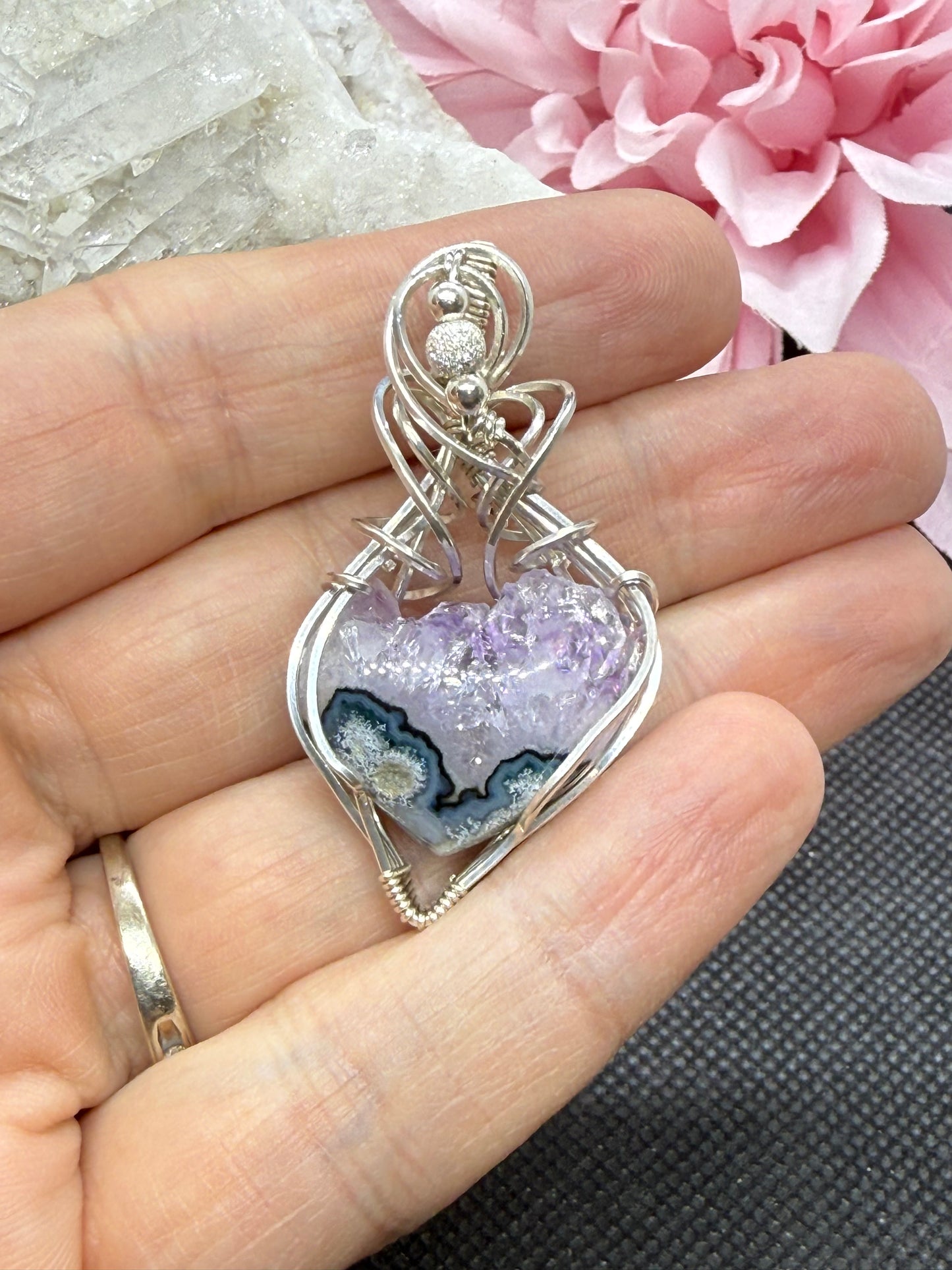 Raw Edge Amethyst Pendant Necklace Jewelry Gift in Sterling Silver w Accent Beads