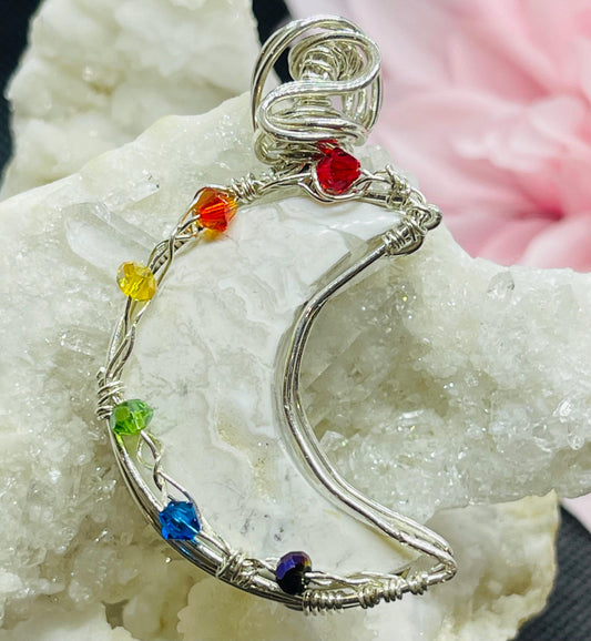 White Druzy Agate Crescent Moon Pendant in Sterling Silver Wire Wrapped Jewelry Necklace Gift Crystal Rainbow
