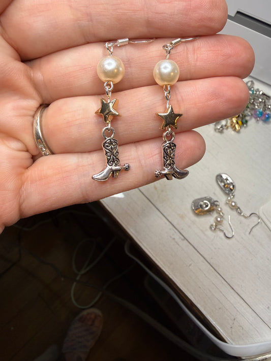 Pearl Star Cowgirl Cowboy Boot Earrings
