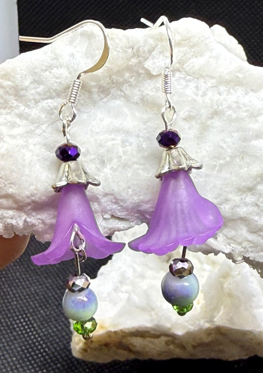 Purple Flower Dangle Earrings Jewelry Gift Floral Green