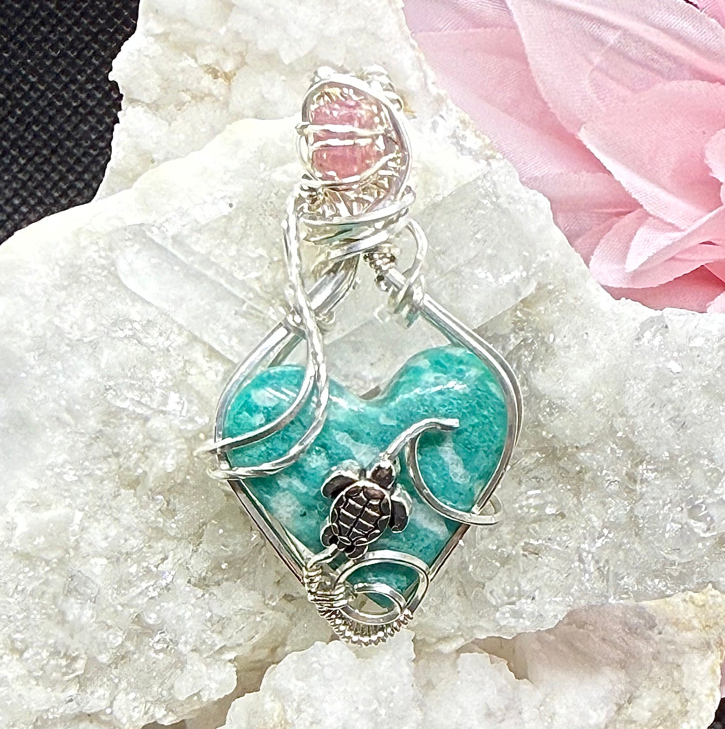 Amazonite Heart w Wave, Turtle, and Pink Tourmaline Accent in Sterling Silver Necklace Jewelry Pendant Gift Ocean Sea Blue