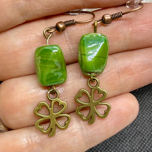 Shamrock Clover Earrings w Antique Copper Ear Wires