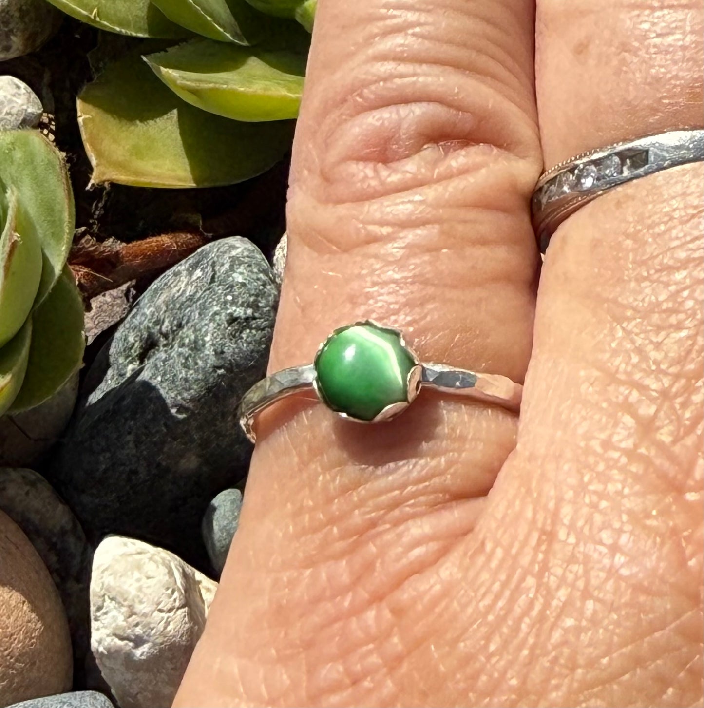 Green Cats Eye Simple Stacker Ring in Sterling Silver