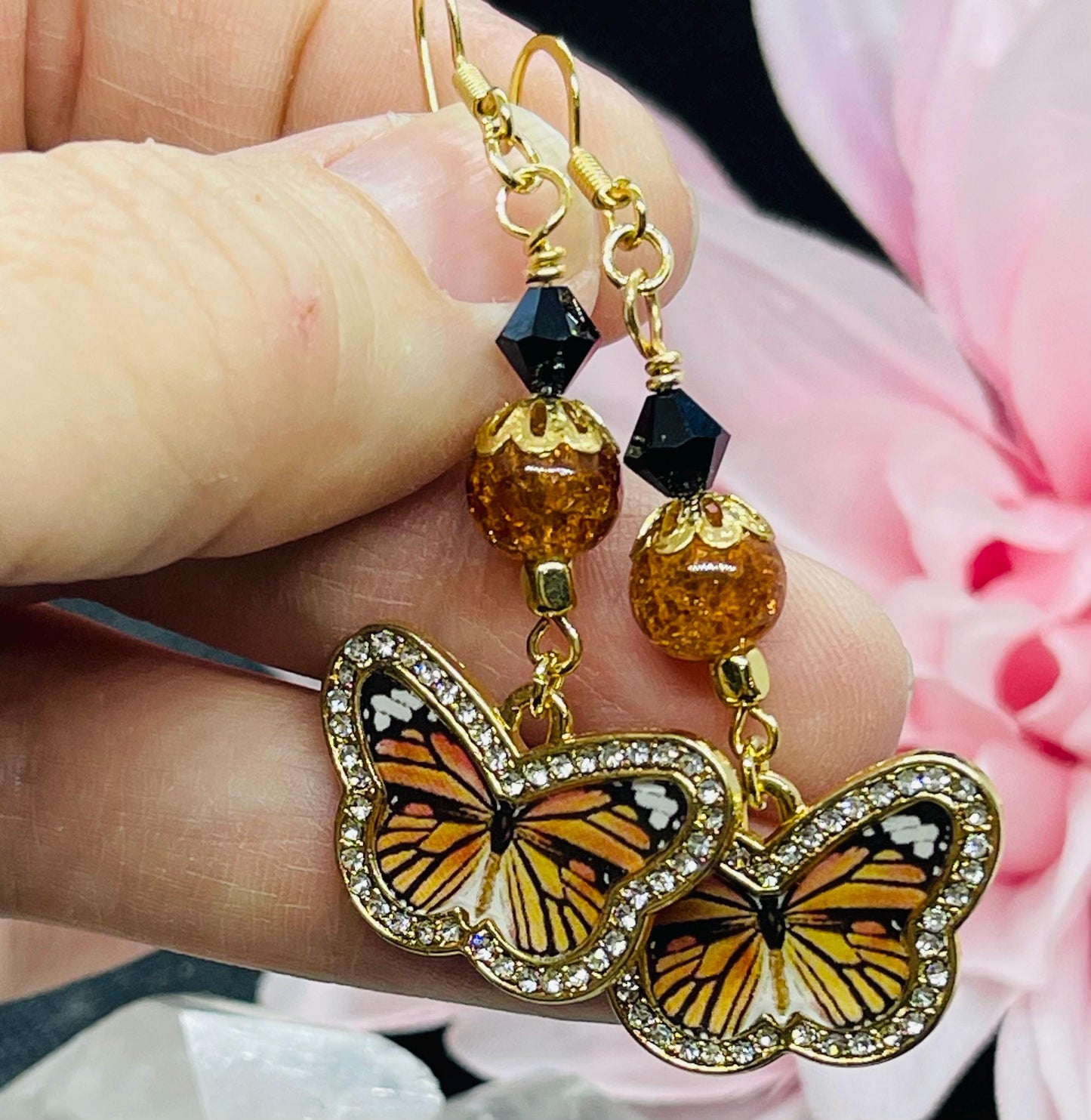 Monarch Butterfly Earrings with Black Crystal and Orange Sparkle Bead Accents Jewelry Gift