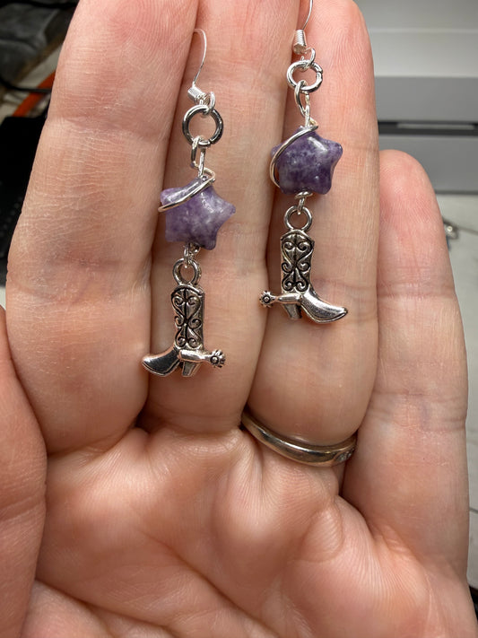 Purple Star Cowgirl Cowboy Boot Earrings