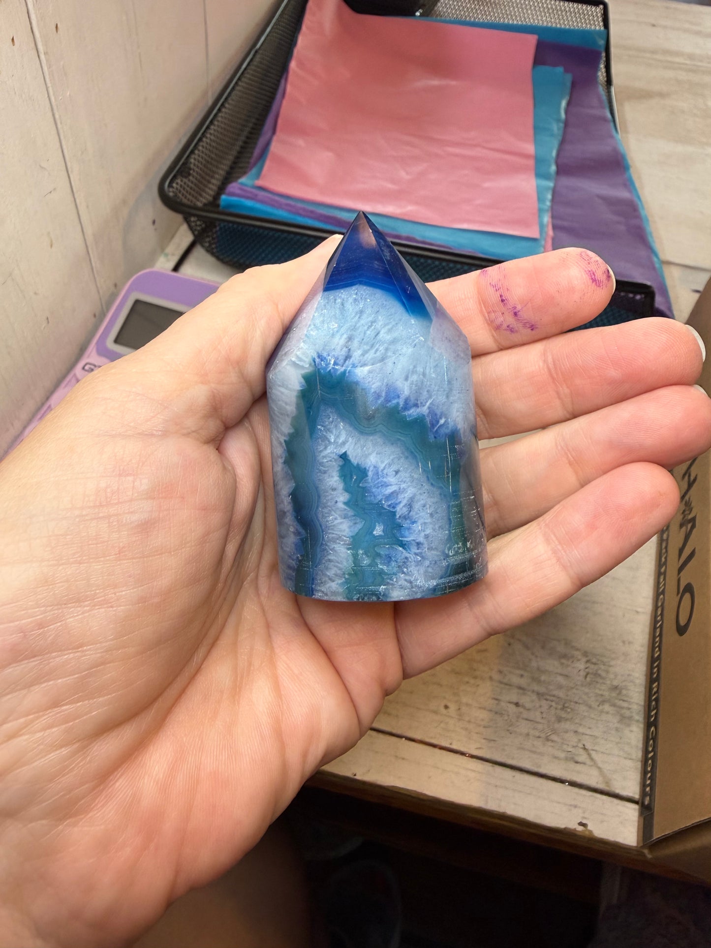Blue Dyed Agate Core Point Tower