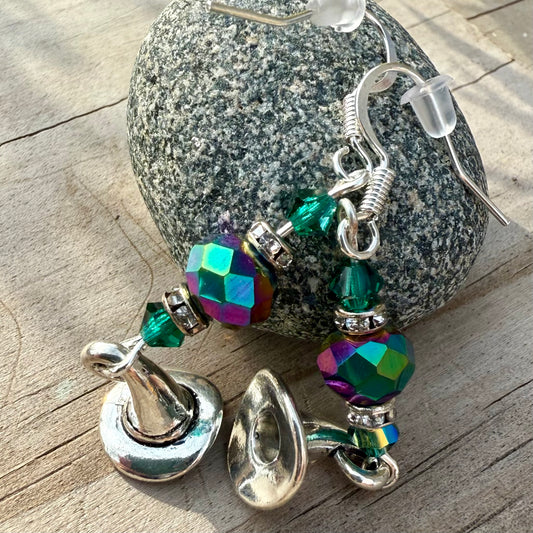 Witch Hat Earrings with Black Iridescent Beads Silver Hooks