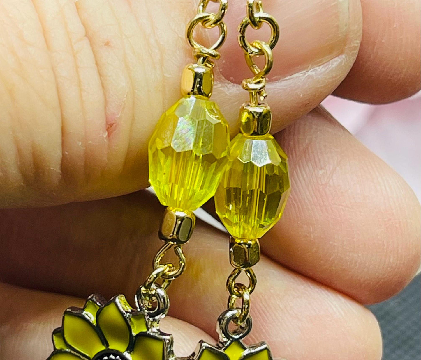 Sunflower Yellow Earrings with Crystals and Bead Accents Jewelry Gift Goldtone