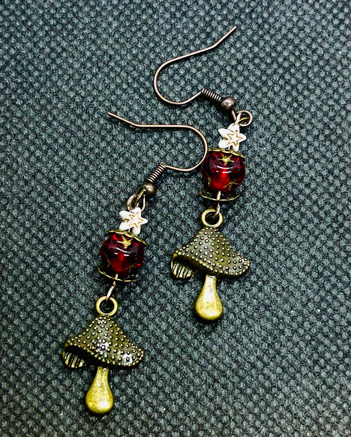 Mushroom Earrings with Stars and Red Crystal Accents in Bronze Jewelry Gift