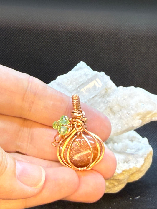 Sunstone Orange Pumpkin in Copper with Green Accents Pendant Necklace